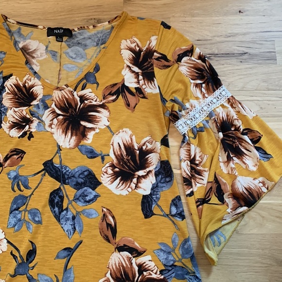 NAÏF Floral Bell Sleeve Boho Knee Length Flowy Dress Mustard & Blue Women’s L - Picture 5 of 12